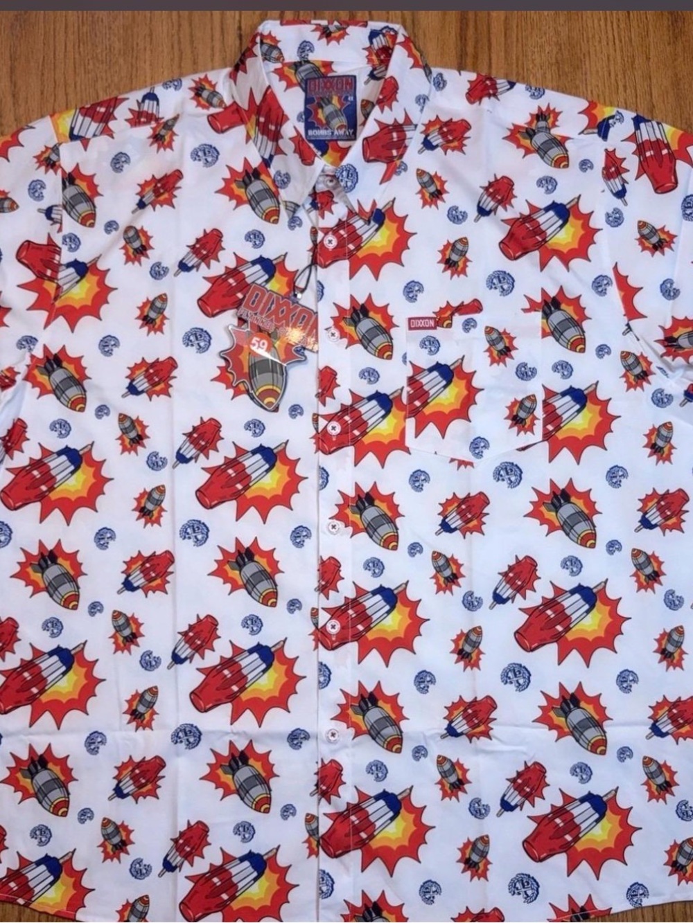 DIXXON White Shirt with Red, Yellow & Blue Bombs Print